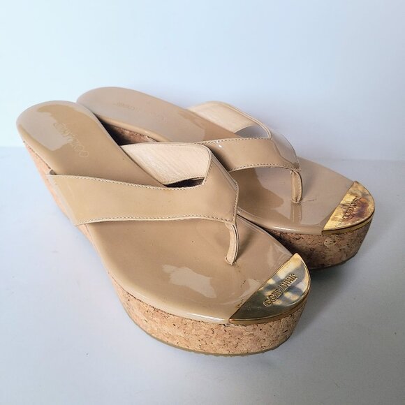 Jimmy Choo Tan Cream Patent Leather Cork Platform Thong Sandals Size EU 38 - Picture 2 of 11